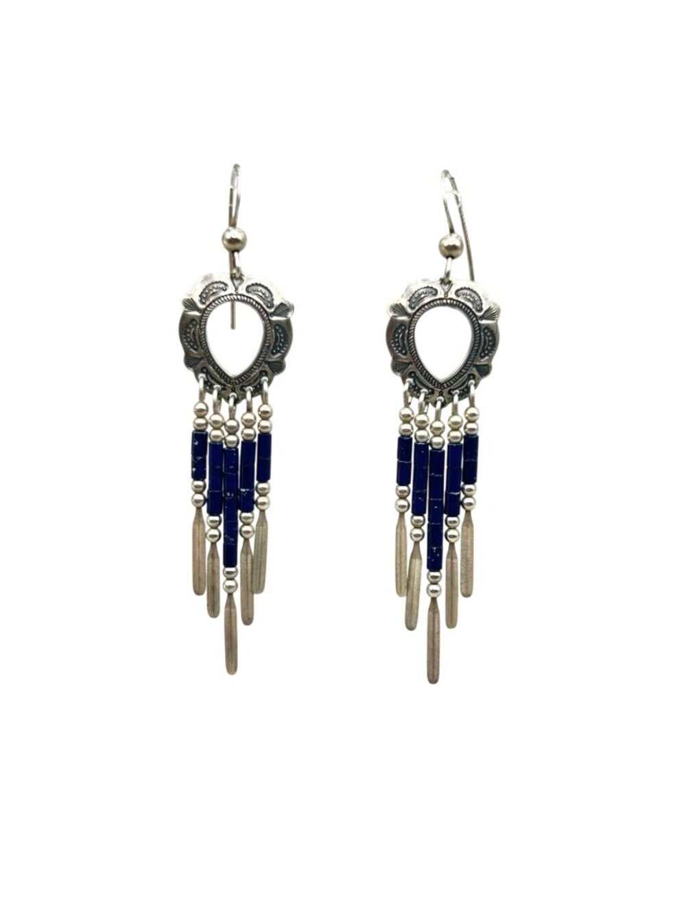 Vintage Native American Earrings Pierced Dangles Drops Blue Lapis Lazuli Beaded